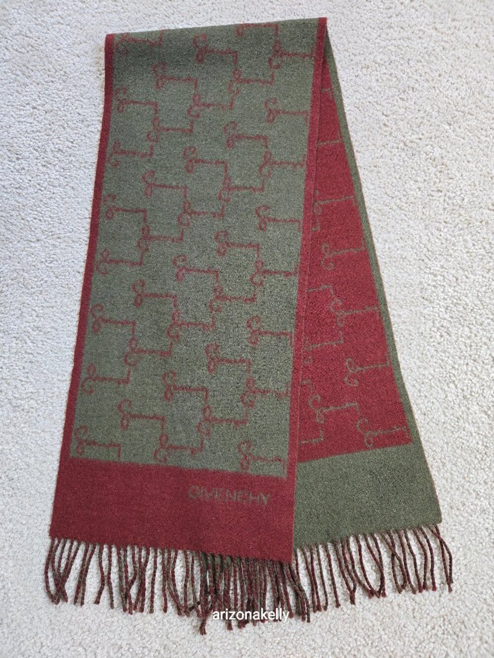 Vintage Givenchy Logo Scarf Cashmere Burgundy & Olive Green - Picture 1 of 8